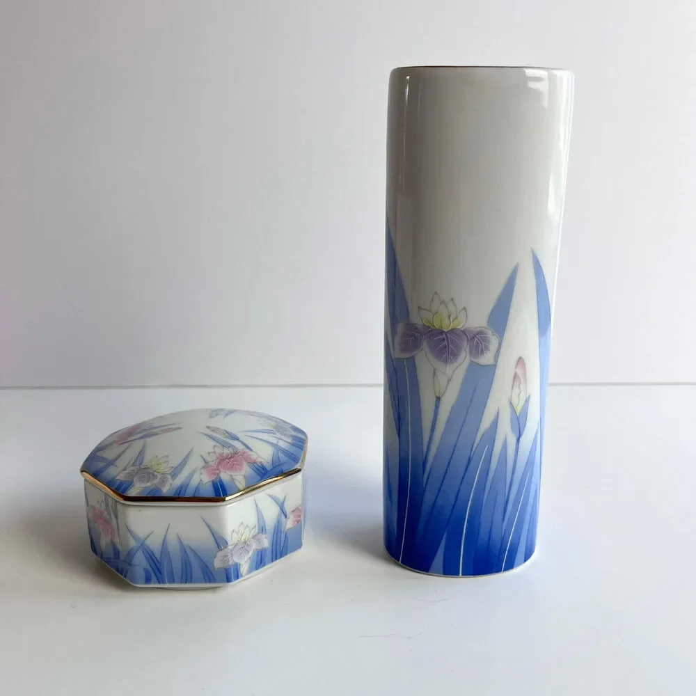 VTG Porcelain Ceramic Vase & Lidded Dish Kozan Gama Otagiri Japan Iris Floral